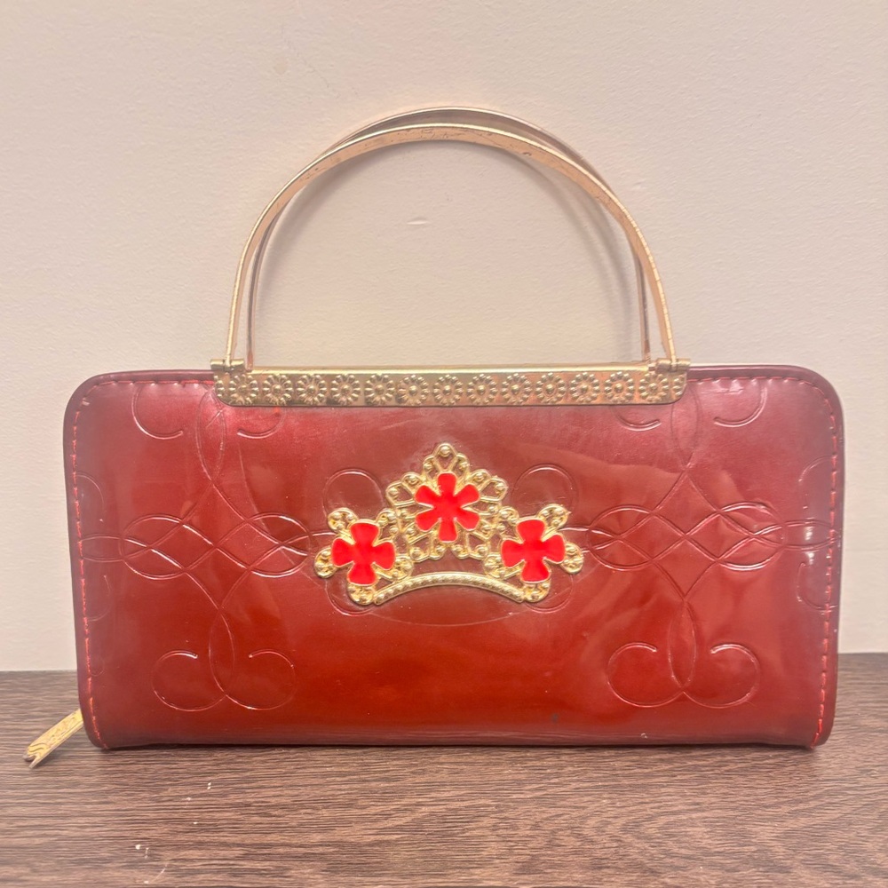 Vintage 1960s Red Jeweled Crown Clutch // Retro Zip-Around Top Handle Wallet